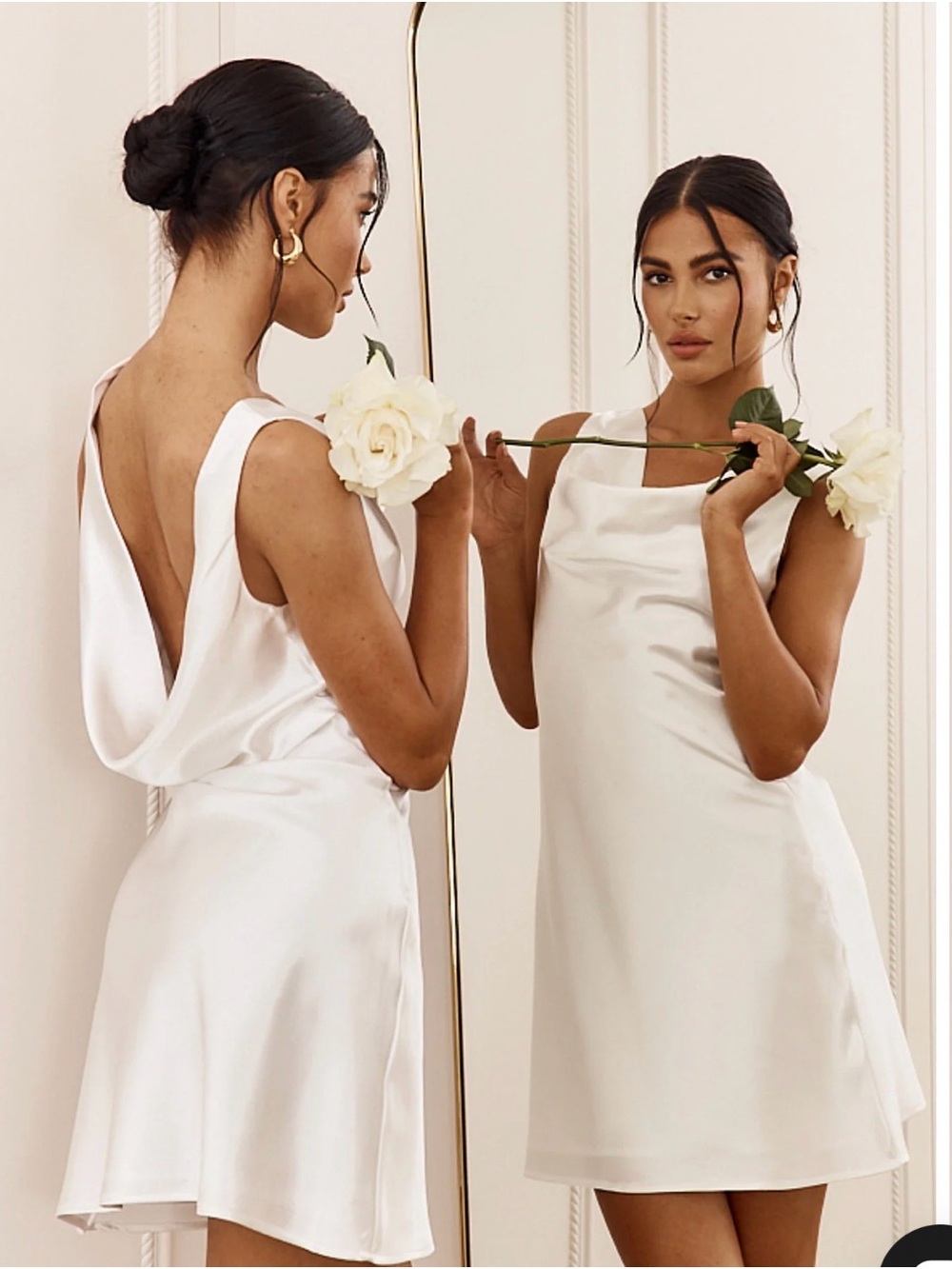 Selfie Leslie Ivory Satin Backless Cowl Mini Dress